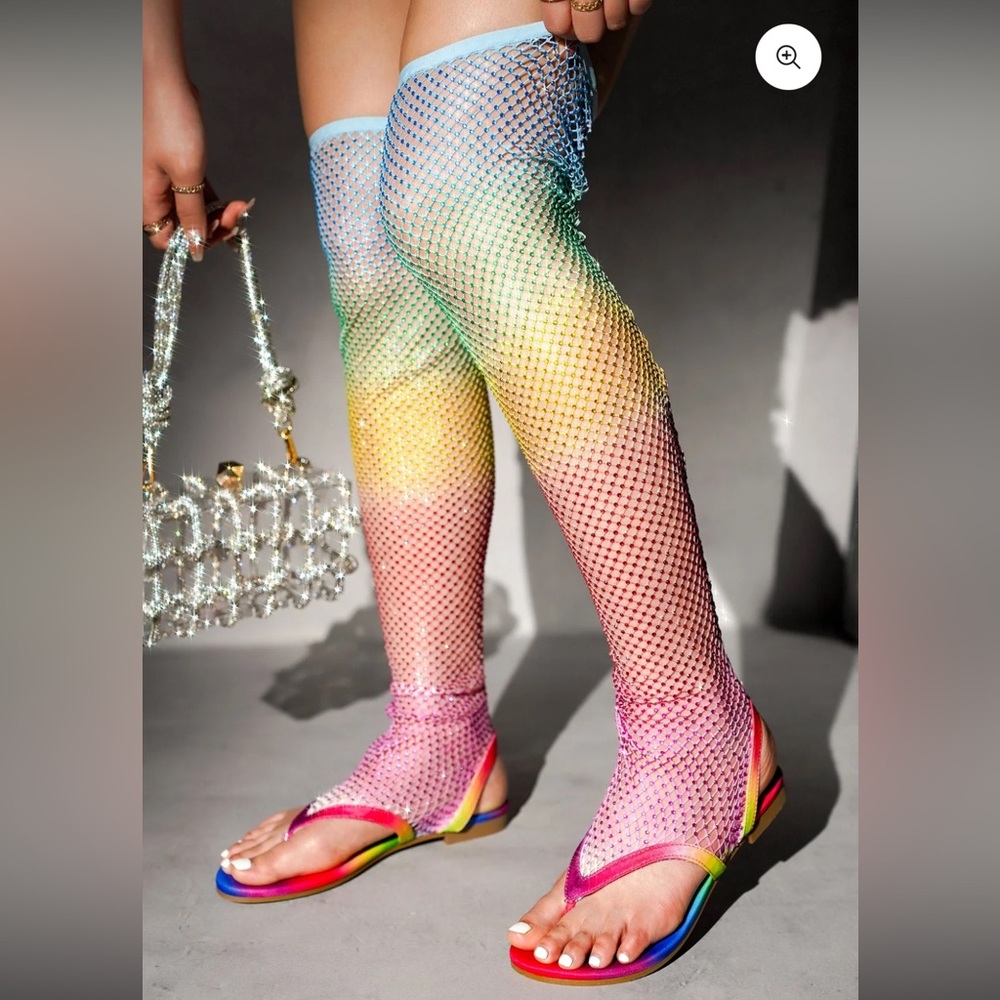 •CAPE ROBBIN• “Hude” Rhinestone Mesh Thigh High Flat Sandals - Multi // NIB